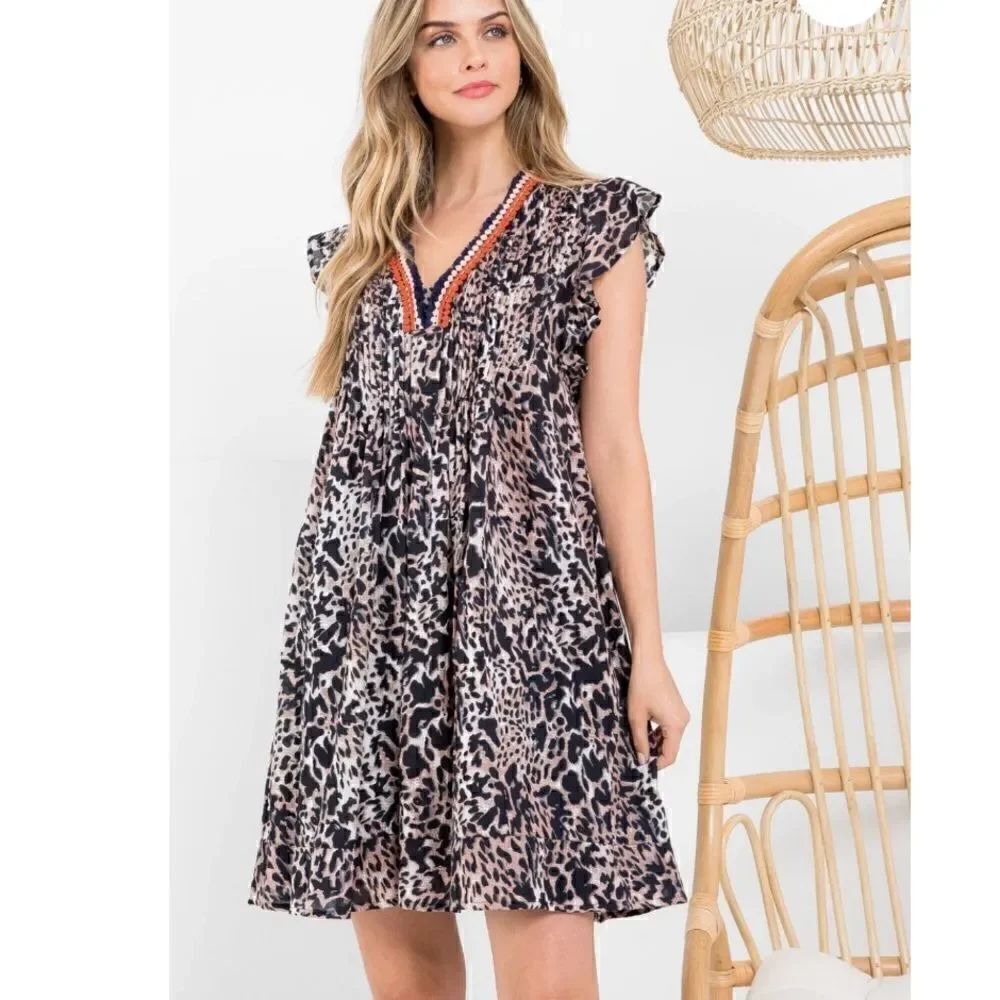 THML Black Tan Animal Print Fringe Neck Popover Cotton Dress
